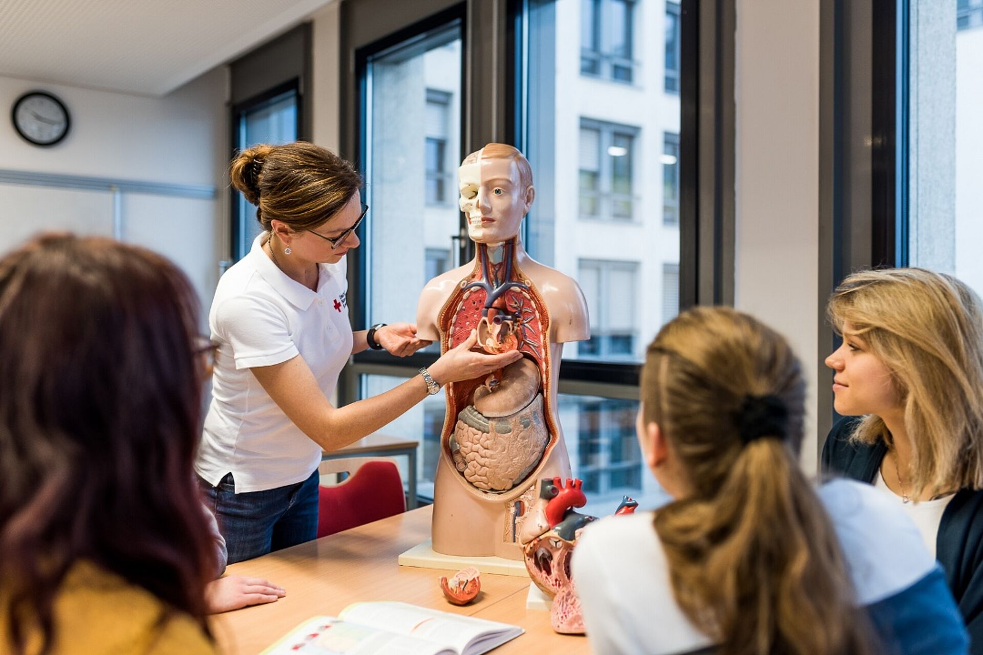 Diätassistenz Eine Ausbilderin zeigt den Schülerinnen am Torso-Modell den Aufbau und die Funktionsweise des menschlichen Körpers.
